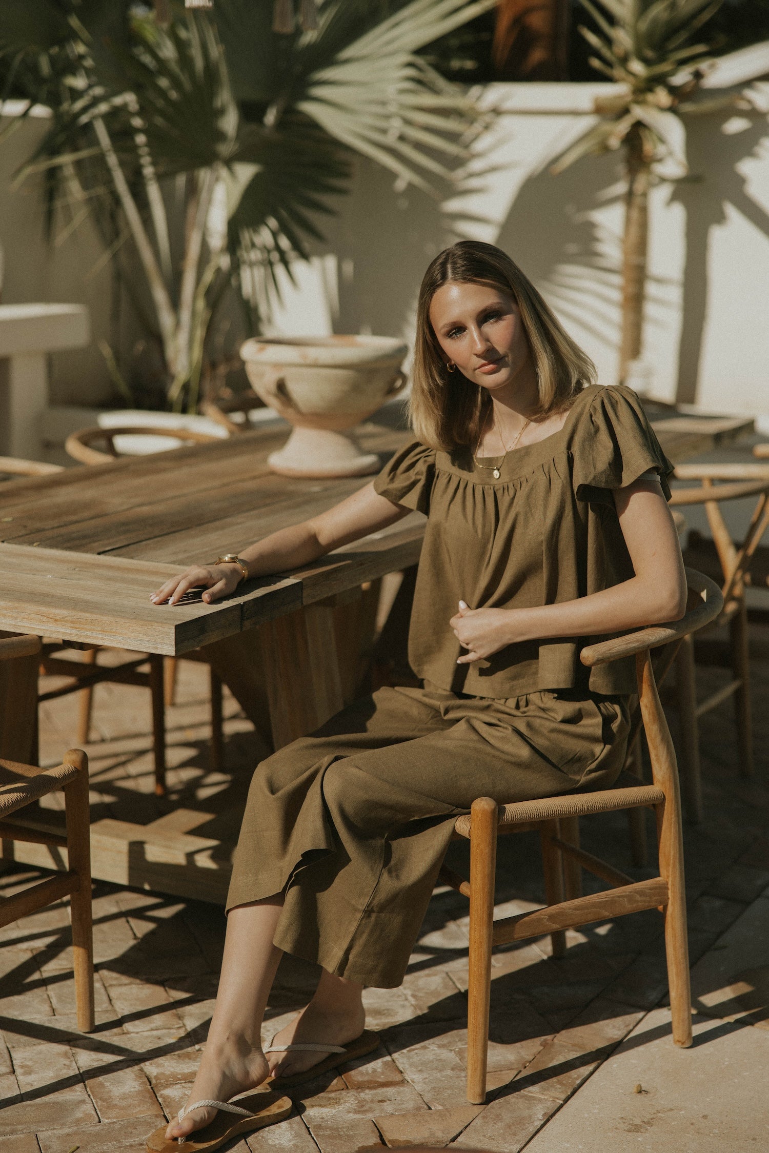 Lounge linen top and olive green top for women.