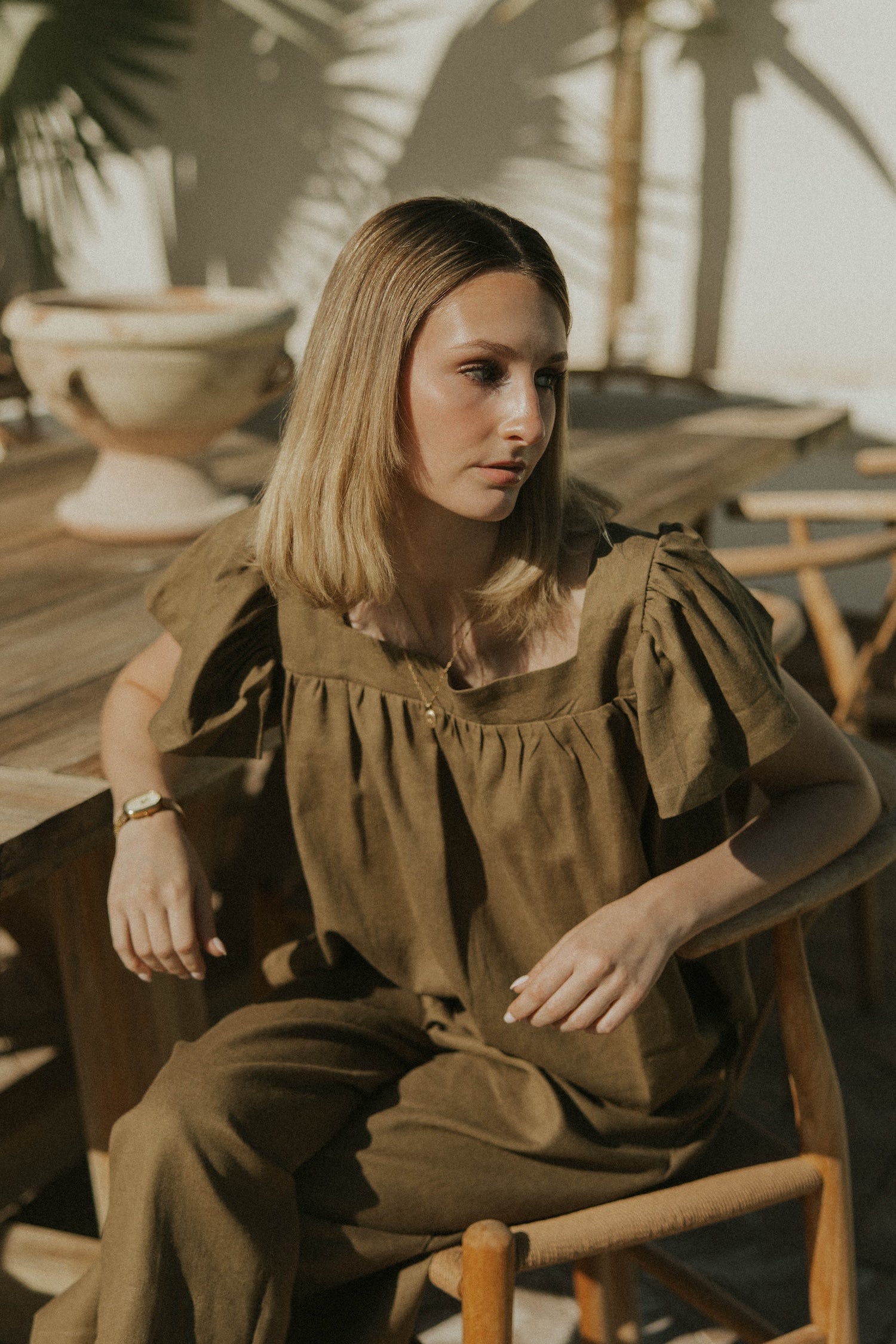 Lounge linen top and olive green top for women.