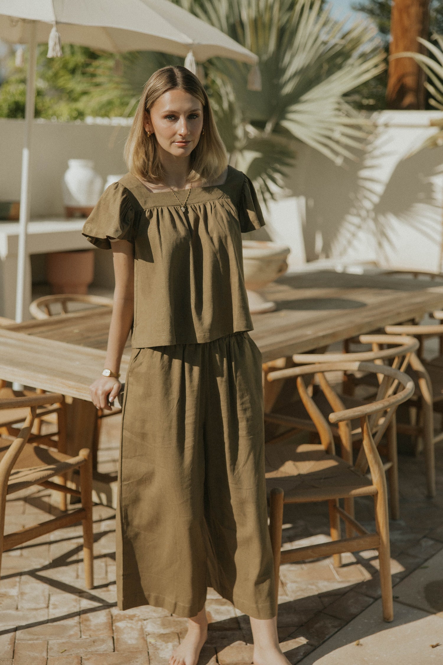 Wide leg olive green pants for women.