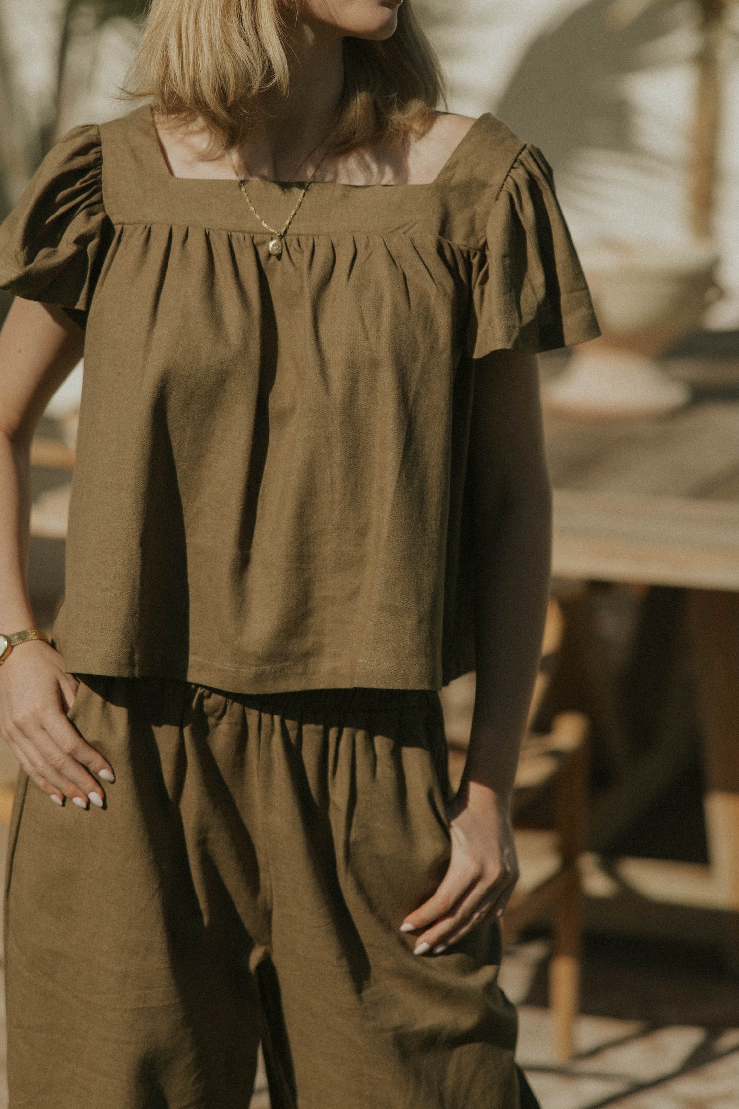 Lounge linen top and olive green top for women.