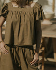 Lounge linen top and olive green top for women.