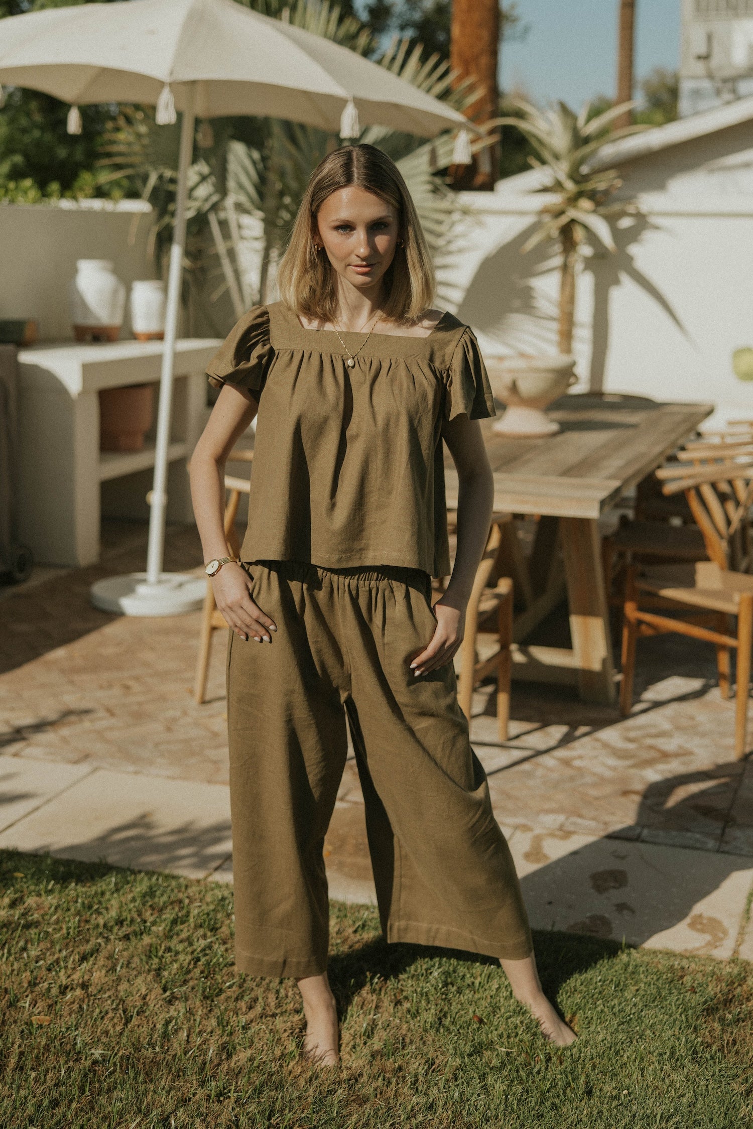 Wide leg olive green pants for women.