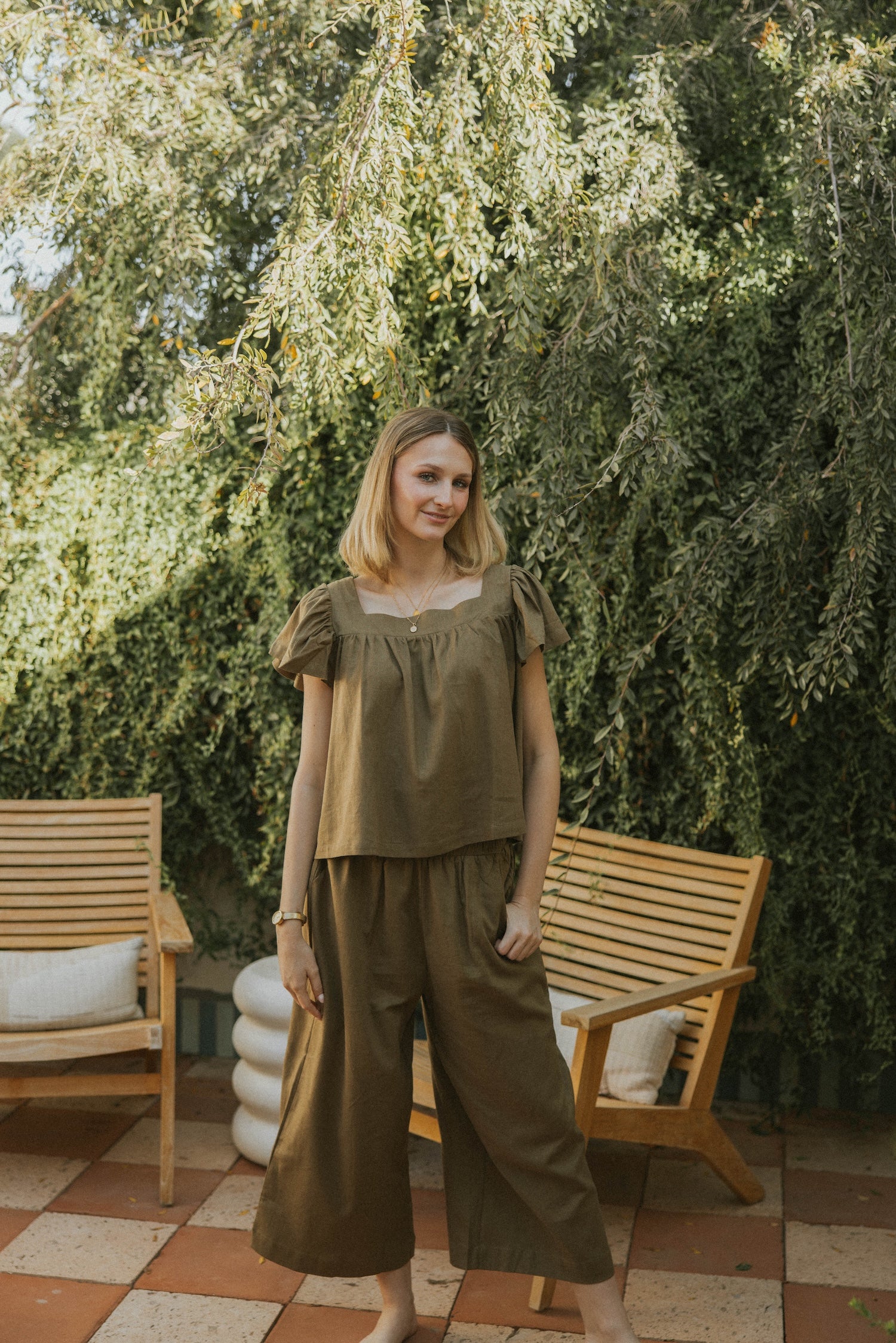 Wide leg olive green pants for women.