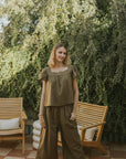 Wide leg olive green pants for women.