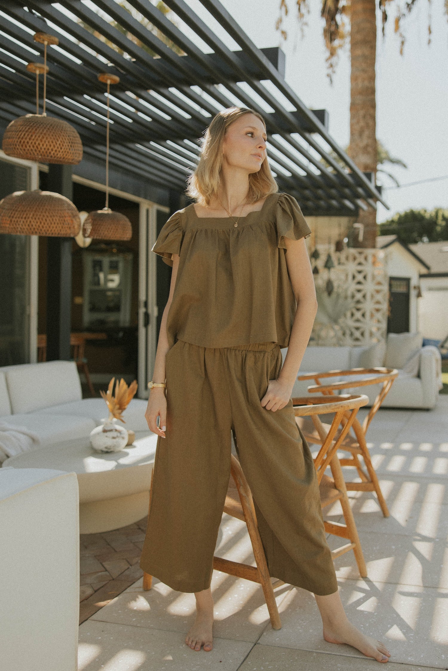 Wide leg olive green pants for women.