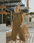 Wide leg olive green pants for women.