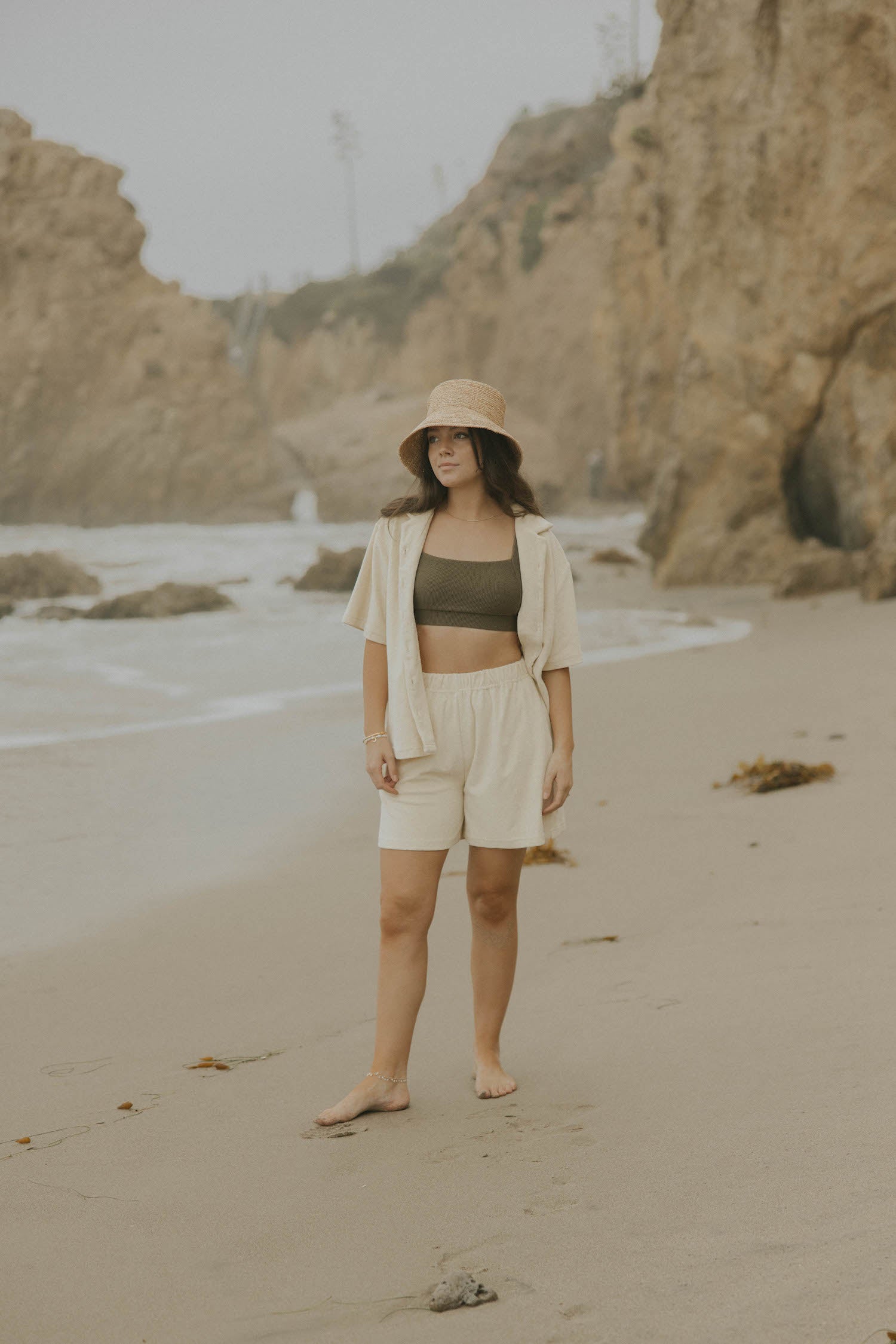 Nursing friendly loungewear top for women in tan.