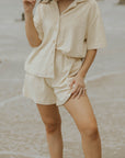Terry cloth tan beachwear shorts for women.